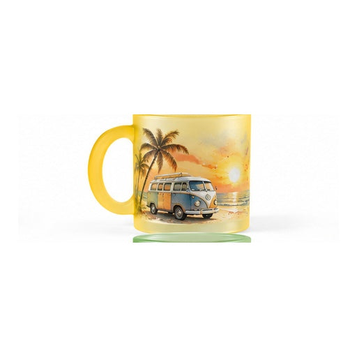 Mug en verre givré jaune – création van et plage