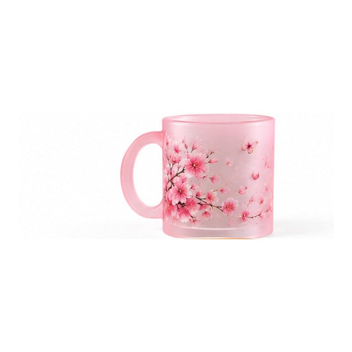 Mug en verre givré rose – création fleurs et papillons
