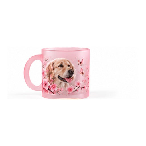 Mug en verre givré rose – création chien et fleurs