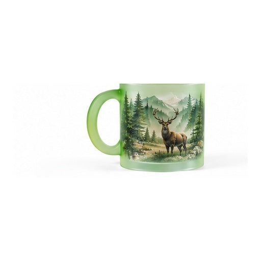 Mug en verre givré vert – création cerf et forêt