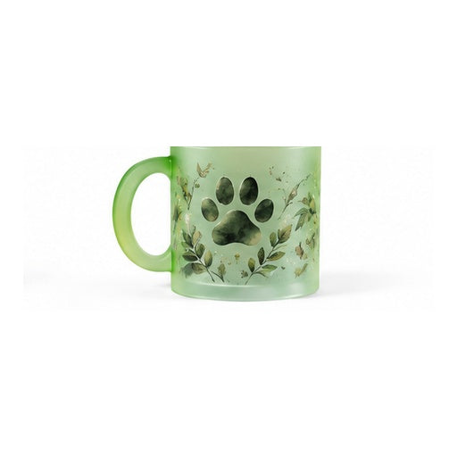 Mug en verre givré vert – création patte et feuillage