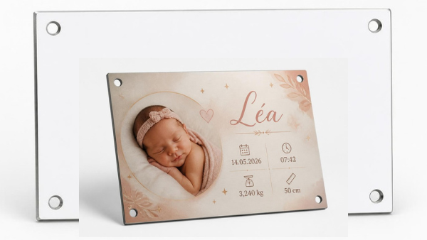 Plaque métal 10 × 15 cm coins droits percée – personnalisation naissance