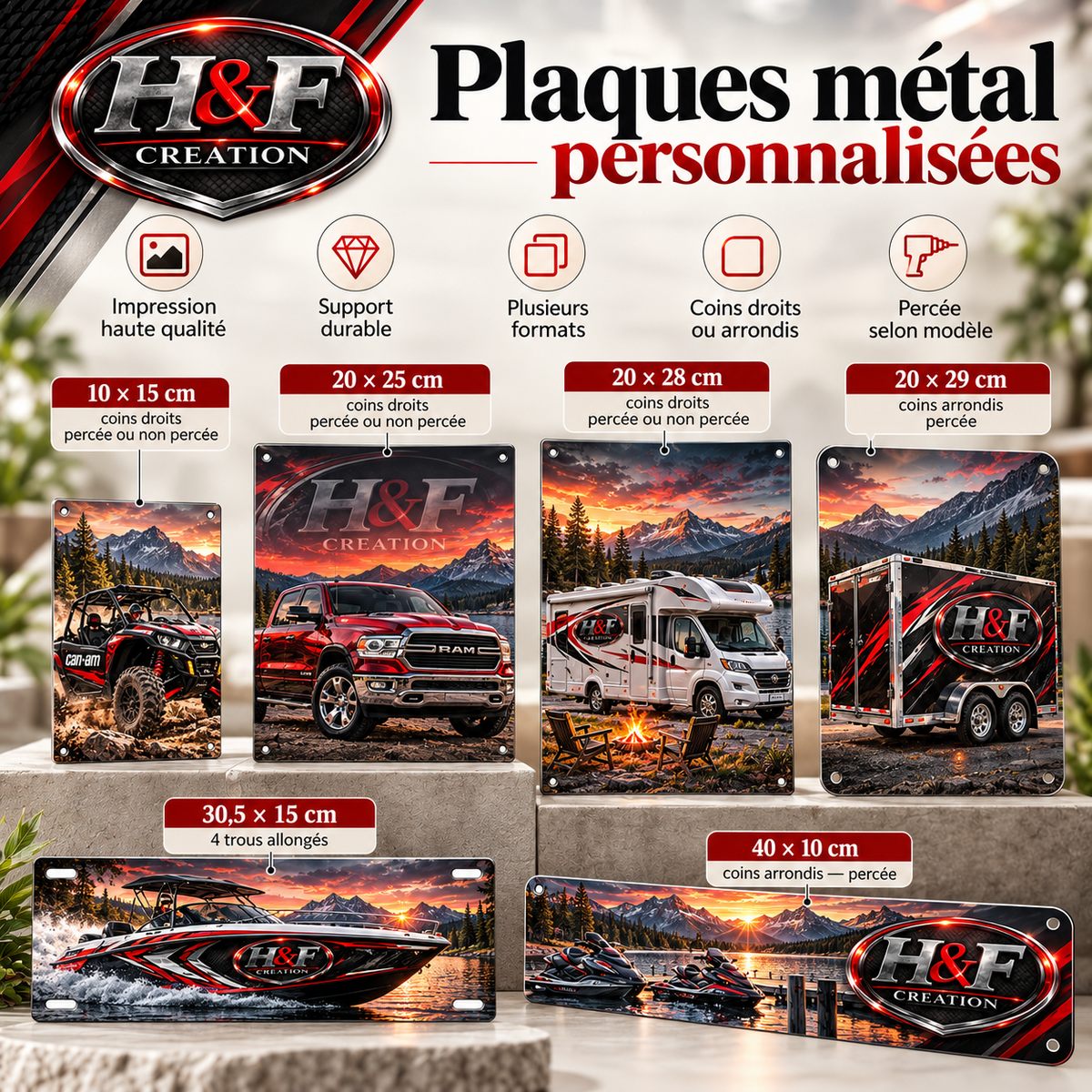 40 × 10 cm coins arrondis – percé