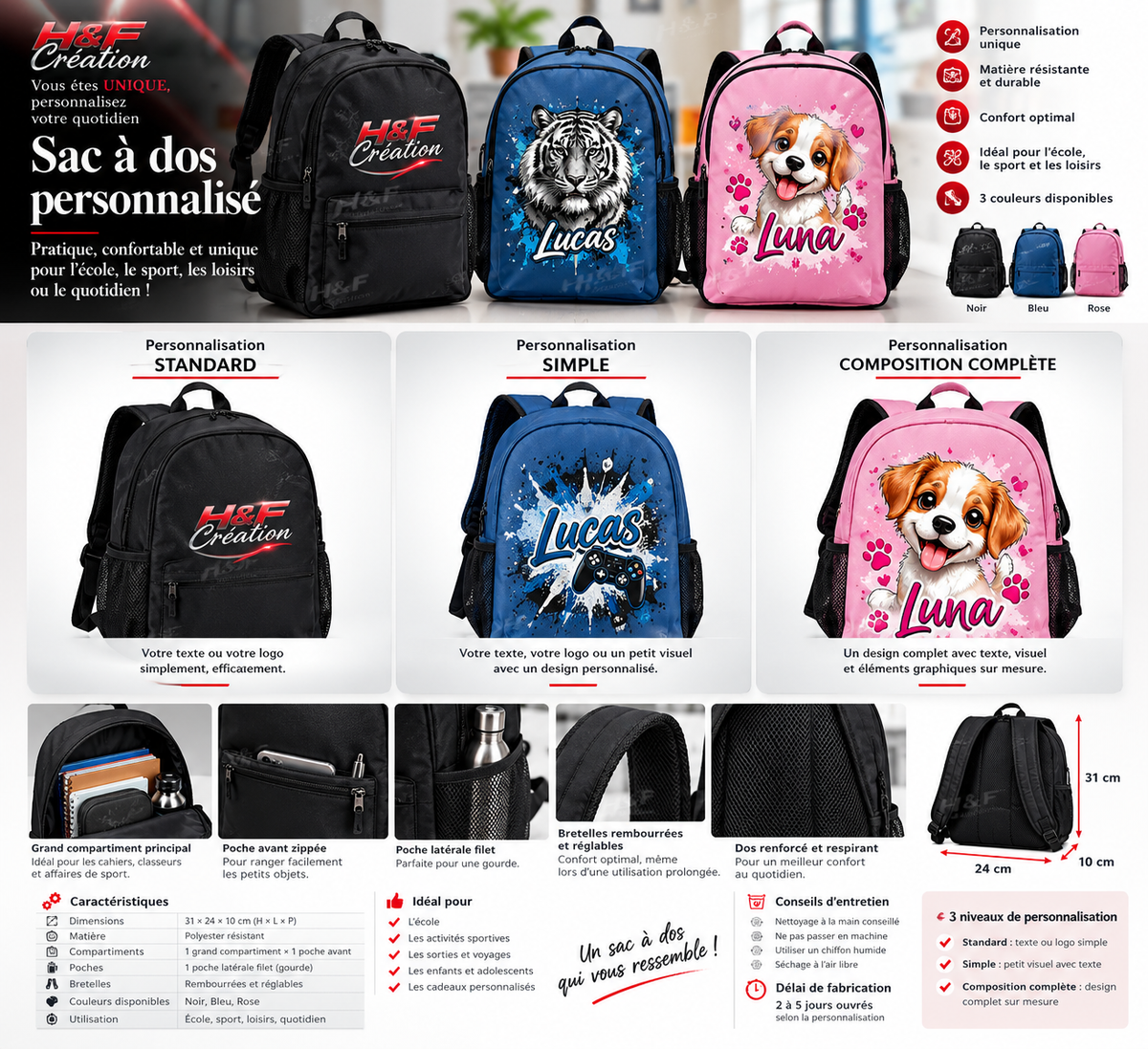 Sac à dos personnalisé H&F Création - Standard, Personnalisation simple et Composition complète