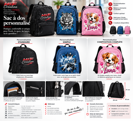 Sac à dos personnalisé H&F Création - Standard, Personnalisation simple et Composition complète